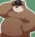  2018 96tning anthro bear belly blush brown_fur fur green_background hat humanoid_hands male mammal moobs navel overweight overweight_male simple_background solo 