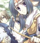  androgynous animal_ears blue_eyes blue_hair bow_(weapon) brothers brown_eyes brown_hair dog_ears dogboy doriy guraa japanese_clothes kanan_yt long_hair male_focus multiple_boys oboro_(utawareru_mono) otoko_no_ko purple_eyes short_hair siblings twins utawareru_mono weapon 