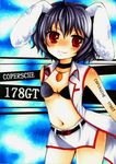  :3 animal_ears bad_id bad_pixiv_id black_hair bra bunny_ears carrot choker inaba_tewi lingerie oku_(xantennaorangex) race_queen red_eyes short_hair solo touhou underwear vest 