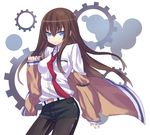  blue_eyes blush breasts brown_hair large_breasts legwear_under_shorts long_hair makise_kurisu necktie pantyhose red_neckwear regu shorts solo steins;gate 