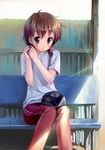  brown_eyes brown_hair ookiku_furikabutte shinooka_chiyo sitting solo takoyaki_(roast) 