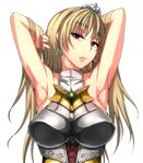  armor armpits arms_behind_head arms_up bangs bare_shoulders blonde_hair breasts brown_eyes cisna earrings gem ground_vehicle halterneck hand_in_hair hand_on_own_head jewelry kamita large_breasts long_hair looking_at_viewer motor_vehicle open_mouth shirokishi_monogatari sideboob simple_background solo tiara turtleneck upper_body white_background 