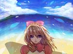  beach blonde_hair blue_eyes bow chrono_cross clarityblue cloud day hair_bow kid_(chrono_cross) long_hair ocean outdoors sky smile solo 