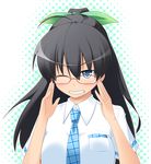  aoinu bespectacled black_hair blue_eyes ganaha_hibiki glasses grin hands idolmaster idolmaster_(classic) long_hair ponytail rough_time_school school_uniform smile solo 