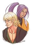  1girl bleach blonde_hair dark_skin kathryn_layno lips purple_hair shihouin_yoruichi smile urahara_kisuke yellow_eyes 