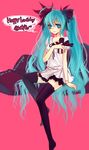  green_eyes green_hair hair_ribbon hatsune_miku highres long_hair pink_background ribbon silverwing simple_background solo thighhighs twintails vocaloid world_is_mine_(vocaloid) 
