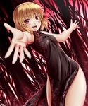  alternate_costume bad_id bad_pixiv_id beckoning black_dress blonde_hair china_dress chinese_clothes dress fang floral_print foreshortening hair_ribbon hands highres mochi.f open_mouth outstretched_arms red_eyes ribbon rumia short_hair side_slit smile solo spread_arms thighs touhou 