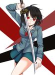  bad_id bad_pixiv_id black_hair blazer bob_cut breasts durarara!! glasses glowing glowing_eyes jacket katana kitano_(nana) large_breasts pleated_skirt red_eyes school_uniform short_hair skirt solo sonohara_anri sword weapon 