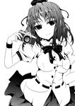  breasts camera greyscale hat large_breasts looking_at_viewer md5_mismatch monochrome shameimaru_aya smile solo tano tokin_hat touhou 