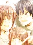  2girls bad_id bad_pixiv_id blue_eyes blue_hair brown_hair clannad close-up closed_eyes family furukawa_nagisa husband_and_wife multiple_girls okazaki_tomoya okazaki_ushio short_hair yamada_enu 