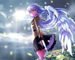  angel_beats! angel_wings blade blazer blue_hair flower jacket long_hair myaaco school_uniform skirt socks solo tenshi_(angel_beats!) weapon wings yellow_eyes 
