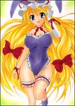  animal_ears bare_legs blonde_hair breasts bunny_ears bunnysuit curvy elbow_gloves gloves hair_ribbon hat huge_breasts leg_garter legs long_hair marker_(medium) pastel_(medium) ribbon solo touhou traditional_media very_long_hair white_gloves wide_hips yadokari_genpachirou yakumo_yukari 