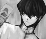  greyscale kaiba_seto male_focus monochrome run_(mayuru) smirk solo yuu-gi-ou yuu-gi-ou_duel_monsters 