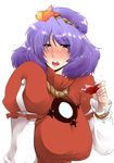  blush cup drunk hair_ornament highres leaf_hair_ornament mirror purple_hair red_eyes sakazuki short_hair solo tears tobisawa touhou yasaka_kanako 