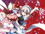  ahoge blue_eyes cup hat izayoi_sakuya knife lavender_hair maid maid_headdress multiple_girls red_eyes remilia_scarlet short_hair silver_hair smile teacup teapot touhou weapon wings wrist_cuffs yurizuka_(sergeant_heart) 