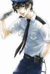  axis_powers_hetalia belt black_eyes black_hair cuffs gloves handcuffs hat japan_(hetalia) male_focus necktie peaked_cap police police_uniform policeman salute shirt_tucked_in smile solo uniform walkie-talkie white_gloves yoruai 