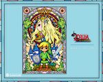  1girl belt black_eyes blonde_hair boots castle hair_ornament hat ivy jewelry link necklace nintendo official_art plant pointy_ears princess_zelda shield stained_glass sword the_legend_of_zelda the_legend_of_zelda:_the_wind_waker tiara toon_link wallpaper watermark weapon 