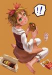  1girl bad_id bad_pixiv_id barefoot blonde_hair blush doughnut drink eating face feet food french_fries hair_ornament hamburger kurione_(zassou) mcdonald's short_hair solo toramaru_shou touhou yellow_eyes 