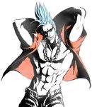  abs arms_up blue_hair chain chain_necklace denim franky grin jewelry male_focus manly muscle necklace nika_(nikasa_an) one_piece open_clothes open_fly open_shirt pompadour shirt sideburns simple_background smile solo sunglasses unzipped 
