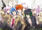  3girls angel_beats! bad_id bad_pixiv_id blade blazer blue_hair green_hair hairband hat hinata_(angel_beats!) jacket kusunokiokonogi long_hair multiple_boys multiple_girls naoi_ayato otonashi_(angel_beats!) red_eyes school_uniform short_hair tenshi_(angel_beats!) weapon yellow_eyes 