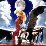  arm_support ayanami_rei blue_hair bodysuit cloud deliciosa moon multiple_girls neon_genesis_evangelion orange_hair plugsuit red_eyes shikinami_asuka_langley short_hair sitting sky souryuu_asuka_langley standing wings 