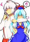  bad_id bad_pixiv_id blue_hair blush fujiwara_no_mokou hug kamishirasawa_keine long_hair mitsui_hisashi_(artist) multiple_girls red_eyes surprised touhou white_hair 