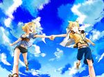  1girl aqua_eyes blonde_hair bracelet brother_and_sister casual cloud day grin hair_ornament hair_ribbon hairclip headphones headphones_around_neck highres holding_hands jewelry junji kagamine_len kagamine_rin navel ribbon sandals shoes short_hair short_shorts shorts siblings sky smile sneakers twins vocaloid 