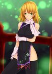  alternate_costume bare_shoulders blonde_hair blush breasts china_dress chinese_clothes detached_sleeves dress green_eyes large_breasts mizuhashi_parsee no_panties scarf shuugetsu_karasu solo thighhighs touhou 