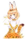  :d animal_ears blonde_hair bow bowtie breasts colored_pencil_(medium) cowboy_shot elbow_gloves extra_ears eyebrows_visible_through_hair gloves highres kemono_friends looking_at_viewer mojacookie open_mouth print_gloves print_neckwear print_skirt serval_(kemono_friends) serval_ears serval_print serval_tail simple_background skirt sleeveless smile solo tail traditional_media white_background yellow_eyes 