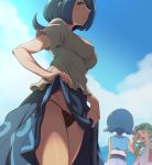  3girls bangs black_panties blue_dress blue_eyes blue_hair blue_skirt blue_sky blush breasts closed_mouth commentary_request dark_skin day dress e_keroron flower freckles green_eyes green_hair hair_flower hair_ornament large_breasts lifted_by_self long_hair looking_at_viewer mao_(pokemon) mature multiple_girls open_mouth outdoors panties pokemon pokemon_(anime) pokemon_sm_(anime) short_hair short_sleeves skirt skirt_hold skirt_lift sky smile string_panties suiren&#039;s_mother_(pokemon) suiren_(pokemon) sweat twintails underwear 
