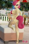  3d_(artwork) absurd_res anthro bikini bikini_thong butt butt_pose clothing digital_media_(artwork) equid equine female friendship_is_magic furniture hi_res holding_butt hunterz263 looking_back mammal mature_female mrs._shy_(mlp) my_little_pony outside pose rear_view swimwear table 