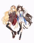  2girls alternate_costume animal_ear_fluff animal_ears artist_name asymmetrical_legwear black_hair black_legwear blonde_hair cat_ears cat_tail closed_mouth commentary earrings ereshkigal_(fate/grand_order) fate/grand_order fate_(series) full_body geta hair_ribbon ishtar_(fate)_(all) ishtar_(fate/grand_order) japanese_clothes jewelry kemonomimi_mode kimono looking_at_viewer multiple_girls multiple_tails obi obijime open_mouth paw_pose red_eyes ribbon sash short_kimono signature simple_background single_thighhigh siya_ho standing tail thighhighs tiara two_side_up white_background 
