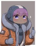  1girl apex_legends bangs blue_sweater blush brown_jacket closed_mouth cosplay dark_skin double_thumbs_up eyebrows_visible_through_hair fate/prototype fate/prototype:_fragments_of_blue_and_silver fate_(series) gloves grey_background grey_gloves hair_between_eyes hassan_of_serenity_(fate) highres hood hood_down hood_up hooded_jacket i.u.y jacket long_sleeves open_clothes open_jacket puffy_long_sleeves puffy_sleeves purple_eyes purple_hair ribbed_sweater smile solo sparkle sweater thumbs_up two-tone_background upper_body wattson_(apex_legends) wattson_(apex_legends)_(cosplay) white_background 