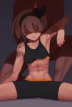  1girl abs armpits bangs black_hairband breasts closed_eyes closed_mouth commentary_request eyebrows_visible_through_hair grey_background grey_hair gym_leader hair_between_eyes hairband muscle muscular_female navel pokemon pokemon_(game) pokemon_swsh putchers saitou_(pokemon) short_hair simple_background sitting sleeveless spread_legs 
