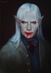  absurdres albino blood blood_on_face bloody_clothes dark face facial_scar fantasy highres long_hair looking_at_viewer lorandesore pointy_ears portrait red_eyes scar scar_across_eye signature slit_pupils upper_body vampire white_hair 