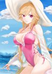  1girl azur_lane bare_legs blonde_hair blue_sky breasts cleavage closed_mouth cloud cloudy_sky commentary covered_navel cowboy_shot day hair_between_eyes hat long_hair looking_at_viewer medium_breasts ocean one-piece_swimsuit outdoors pink_eyes pink_swimsuit richelieu_(azur_lane) richelieu_(flagship_in_the_sea_breeze)_(azur_lane) sky solo sun_hat swimsuit thighs white_headwear wide_sleeves yam_(yam6056) 