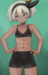  1girl abs aruman bike_shorts black_hairband black_shorts breasts collarbone commentary eyelashes green_background grey_eyes grey_hair gym_leader hair_between_eyes hairband hands_on_hips highres looking_at_viewer midriff navel open_mouth pokemon pokemon_(game) pokemon_swsh saitou_(pokemon) shiny shiny_hair short_hair shorts solo tongue underboob 
