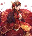  1girl alternate_costume azur_lane bracelet breasts brown_hair china_dress chinese_clothes circle_dress dress earrings eyebrows_visible_through_hair flower hair_flower hair_ornament hand_on_own_chest jewelry lips long_dress long_hair long_sleeves looking_at_viewer mamemena medium_breasts pelvic_curtain red_dress red_eyes simple_background smile solo tassel white_background yat_sen_(azur_lane) yat_sen_(coronal_afterglow)_(azur_lane) 