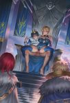  1girl 3boys artoria_pendragon_(all) artoria_pendragon_(lancer) bangs bare_shoulders black_gloves black_hair blonde_hair blue_legwear blue_leotard blue_sky braid breasts cape censored chair chaldea_uniform cleavage closed_mouth command_spell cowgirl_position crown elbow_gloves erection fate/grand_order fate_(series) flag fujimaru_ritsuka_(male) fur_collar fur_trim gawain_(fate/extra) gloves grail green_eyes hair_between_eyes hair_bun hetero large_breasts leotard long_hair looking_at_another mosaic_censoring multiple_boys multiple_girls no_pants penis pussy red_hair reverse_cowgirl_position sex short_hair sidelocks sitting sky smile spread_legs stairs standing straddling testicles thighs throne tile_floor tiles tristan_(fate/grand_order) unfairr vaginal window 