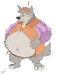  2020 absurd_res anthro belly belt big_belly canid canine canis canson claws clothing disney fangs fur grey_body grey_fur hands_on_belly hat headgear headwear hi_res jewelry male mammal navel overweight plantigrade robin_hood_(disney) sheriff_of_nottingham shirt solo topwear unbuttoned_shirt wolf 