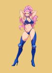  1girl absurdres armpits arms_behind_head arms_up blue_footwear blue_legwear captain_commando carol_(captain_commando) cirenk contrapposto green_eyes high_heels highres long_hair navel parted_lips pink_hair ponytail simple_background smile solo traditional_media watercolor_(medium) yellow_background 