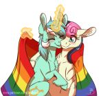  blue_eyes blush bonbon_(mlp) duo equid equine eyes_closed female flag friendship_is_magic horn horse hug inuhoshi-to-darkpen lgbt_pride lyra_heartstrings_(mlp) mammal my_little_pony pony pride_colors unicorn 