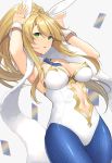  1girl absurdres animal_ears armpits arms_up artoria_pendragon_(all) artoria_pendragon_(swimsuit_ruler)_(fate) blonde_hair breasts bunny_ears bunny_pose bunnysuit cleavage collarbone commentary_request cowboy_shot crown detached_collar eyebrows_visible_through_hair eyes_visible_through_hair fake_animal_ears fate/grand_order fate_(series) fishnet_legwear fishnets green_eyes hair_between_eyes highres leotard long_hair looking_at_viewer medium_breasts navel navel_cutout necktie open_mouth pantyhose ponytail simple_background sleeveless solo standing suiroh_(shideoukami) white_background wrist_cuffs 