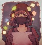  1girl brown_eyes brown_hair commentary_request crying crying_with_eyes_open detached_sleeves gloves guma.illustration hat highres hong_kong looking_at_viewer mask mouth_mask original sad shirt short_hair sign solo sticky_note surgical_mask t-shirt tears upper_body 