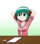  1girl =3 animal_ears arms_behind_head breasts brush_rest calligraphy_brush clipboard commentary_request gradient gradient_background green_background green_eyes green_hair hachimaki hair_between_eyes headband highres kasodani_kyouko light_blush light_frown looking_to_the_side motion_lines paintbrush pink_shirt rakugaki-biyori serious shirt short_hair short_sleeves sleeves_pushed_up small_breasts solo table touhou tying_headband 