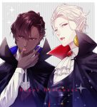  2boys arjuna_(fate/grand_order) bangs black_eyes blood blood_from_mouth blue_eyes brown_hair cloak couple dark_skin dark_skinned_male english_text eyeshadow fate/grand_order fate_(series) finger_licking gloves hair_between_eyes halloween_costume highres hukahire0313 jewelry karna_(fate) licking looking_at_viewer makeup male_focus multiple_boys pale_skin shiny shiny_hair simple_background sparkle swept_bangs upper_body vampire_costume 