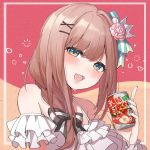  1girl :d bangs bare_shoulders black_bow blue_eyes blush bow braid brown_hair can commentary_request crown eyebrows_visible_through_hair flower hair_flower hair_ornament hair_over_shoulder hairclip hand_up heart highres holding holding_can long_hair mini_crown nijisanji open_mouth pink_flower pink_rose rose shirt smile solo striped striped_bow suzuhara_lulu tilted_headwear tittu upper_body virtual_youtuber white_shirt x_hair_ornament 