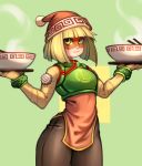  1girl arms_(game) bangs beanie blunt_bangs bob_cut bowl breastplate chinese_clothes chopsticks domino_mask flat_chest food green_eyes hat highres kelvin_hiu knit_hat looking_at_viewer mask min_min_(arms) noodles pants ramen short_hair solo w_arms waitress wide_hips 