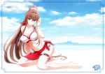  1girl absurdres barefoot bikini bikini_day blue_sky breasts brown_eyes brown_hair cherry_blossoms cloud highres kantai_collection large_breasts long_hair ponytail red_sarong sarong shizuki_michiru sky swimsuit 