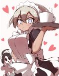  1boy 1girl ahoge alternate_costume apron bangs black_dress black_hair blush breasts closed_mouth commentary_request crossdressing cup dress grey_hair gym_leader hair_between_eyes heart highres holding holding_tray kurachi_mizuki looking_at_viewer maid maid_apron maid_dress maid_headdress mask mug onion_(pokemon) pokemon pokemon_(game) pokemon_swsh saitou_(pokemon) shiny shiny_hair short_hair short_sleeves tray white_background 
